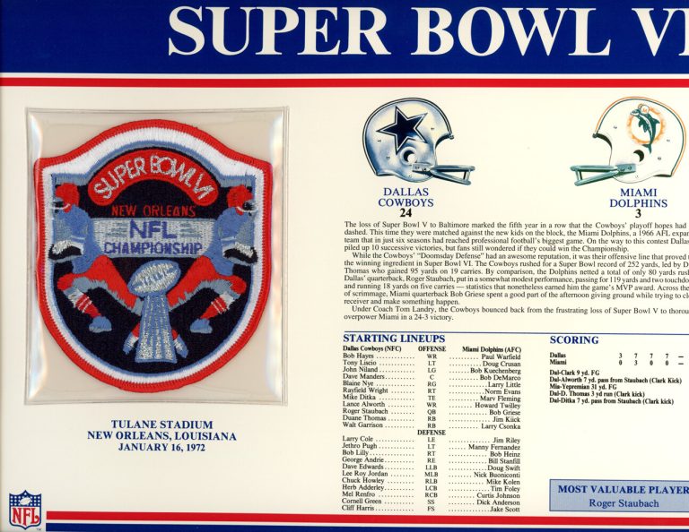 Super Bowl VI Patch Stat Card Official Willabee & Ward 35700