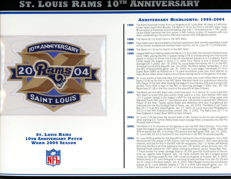 St Louis Rams 10th Anniversary Patch Stat Card Official Willabee & Ward 36699