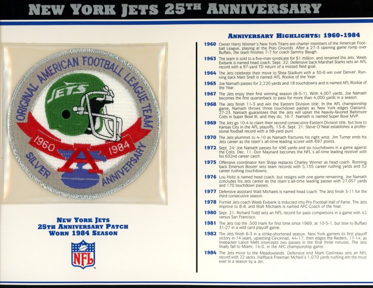 New York Jets 25th Anniversary Patch Stat Card Official Willabee & Ward 36748