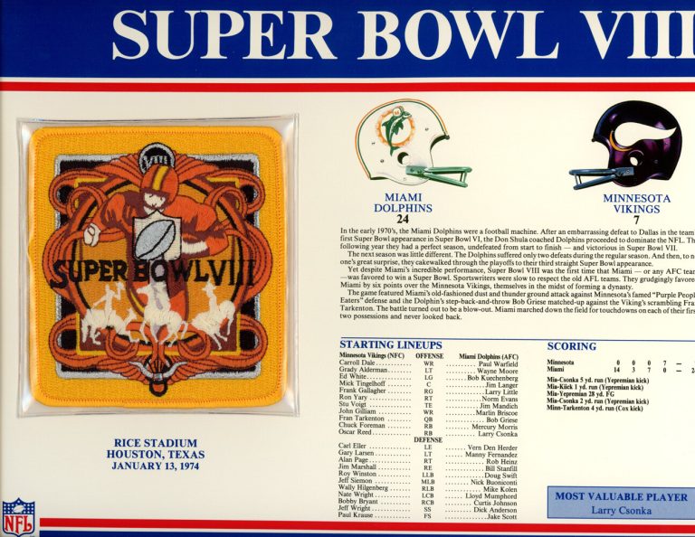 Super Bowl VIII Patch Stat Card Official Willabee & Ward 35702