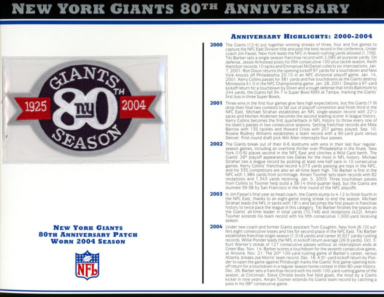 New York Giants 80th Anniversary Patch Stat Card Official Willabee & Ward 36700