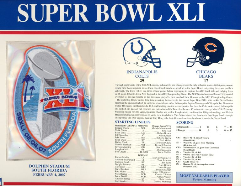 Super Bowl XLI Patch Stat Card Official Willabee & Ward 35735