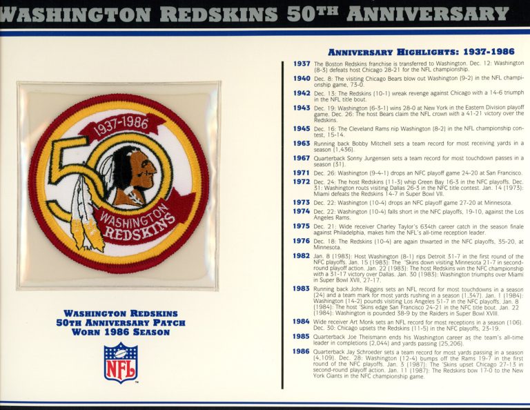 Washington Redskins 50th Anniversary Patch Stat Card Willabee & Ward 36759