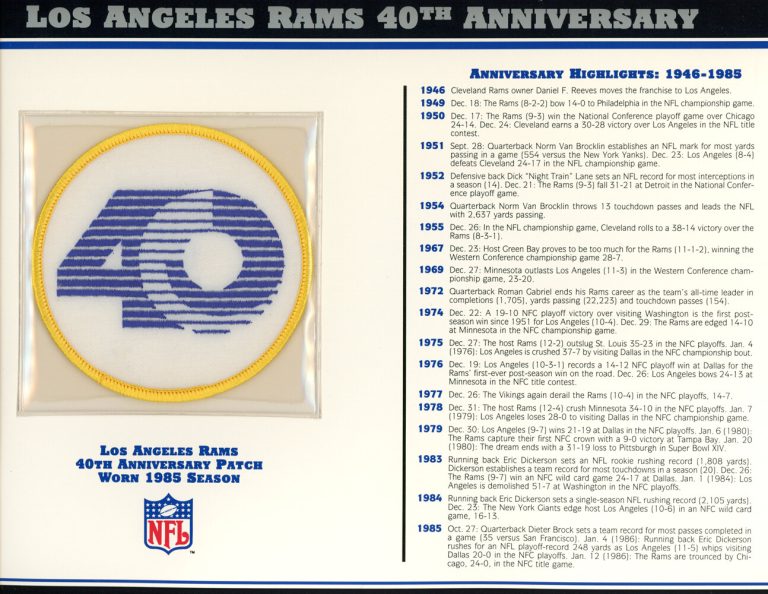 Los Angeles Rams 40th Anniversary Patch Stat Card Official Willabee & Ward 36762