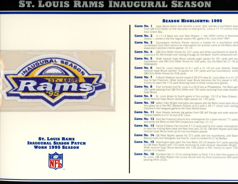 St Louis Rams Inaugural Season Patch Stat Card Official Willabee & Ward 36773