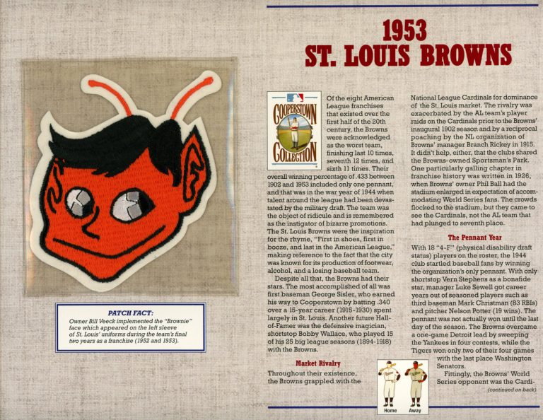 St Louis Browns 1953 Patch Stat Card Cooperstown Official Willabee & Ward 36785