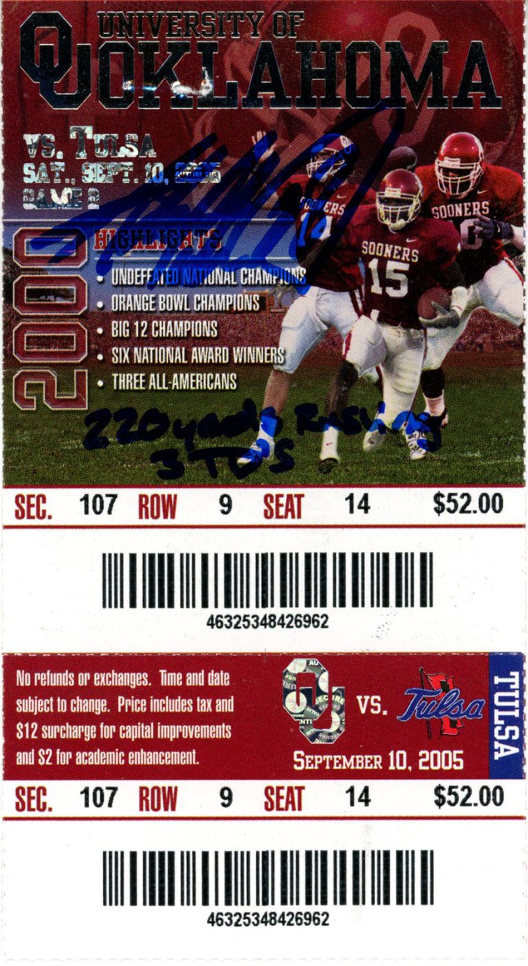 Adrian Peterson Signed Oklahoma Sooners 9/10/05 Ticket Stub Beckett 38570