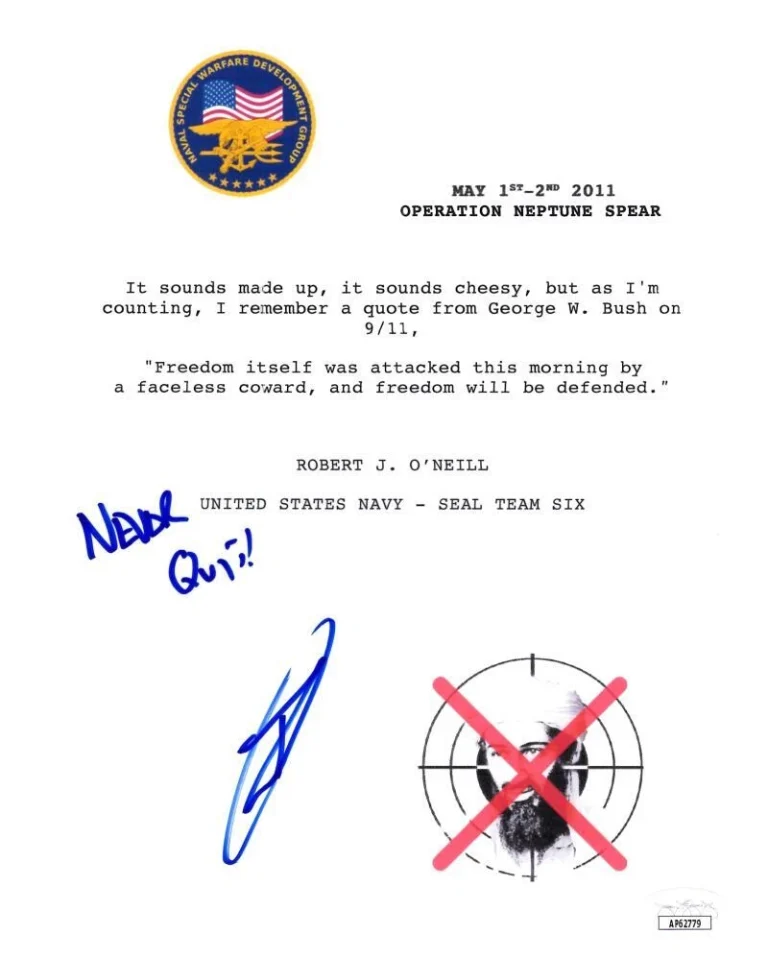 Robert O'Neill Signed Autograph Custom Bin Laden Raid 8x10 Photo Never Quit! JSA
