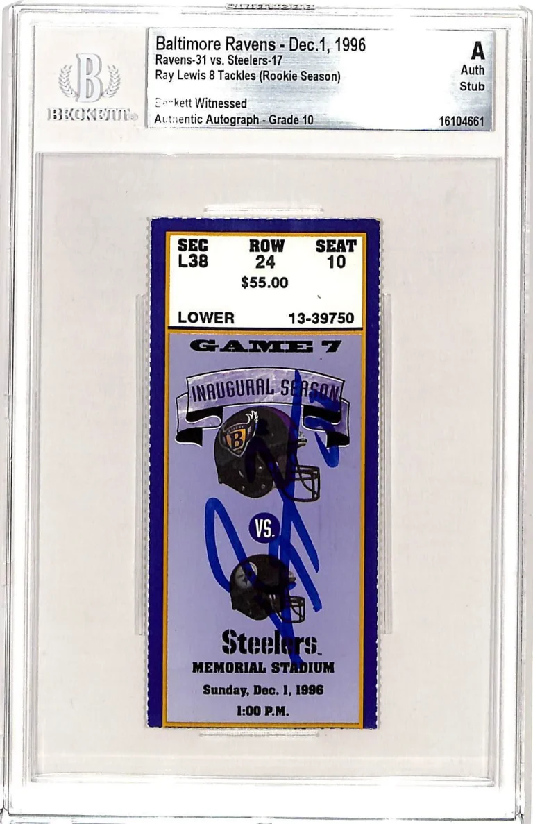 Ray Lewis Signed Baltimore Ravens 12/01/96 Ticket Stub Slab Beckett 42757