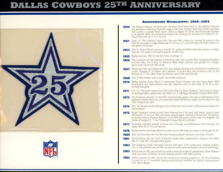 Dallas Cowboys 25th Anniversary Patch Stat Card Official Willabee & Ward 36728