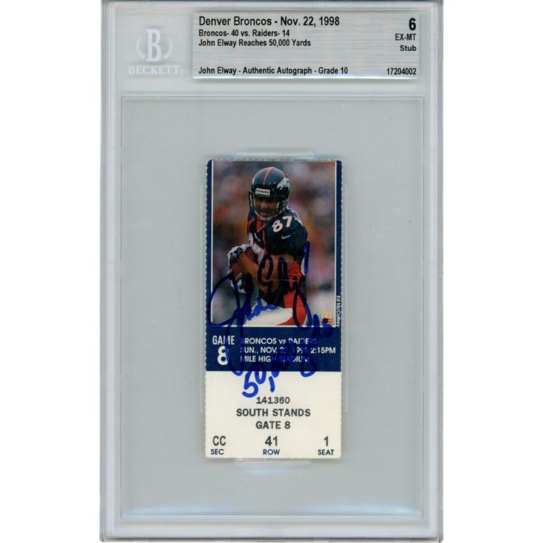John Elway Autographed Denver Broncos 11/22/98 Ticket Stub 50000 Yds BAS 48154