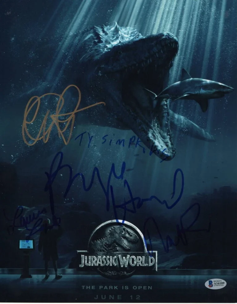 CHRIS PRATT, TY SIMPKINS +2 CAST SIGNED AUTOGRAPH - JURASSIC WORLD 11x14 POSTER