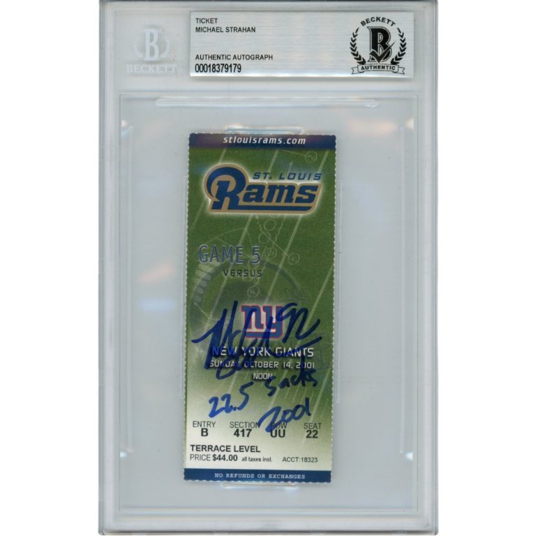 Michael Strahan Autographed New York Giants 2001 Ticket 22.5 Sacks Beckett 49825
