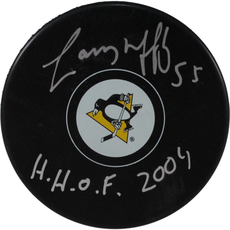 Larry Murphy Autographed/Signed Pittsburgh Penguins Logo Puck HOF JSA 53985
