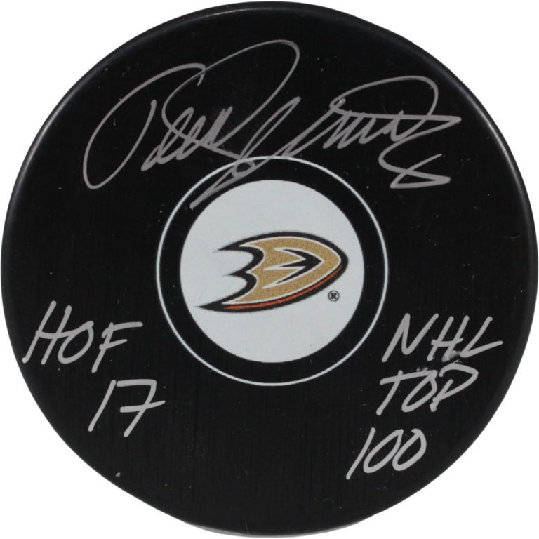 Teemu Selanne Autographed Anaheim Ducks Logo Puck NHL Top 100 HOF JSA 53947