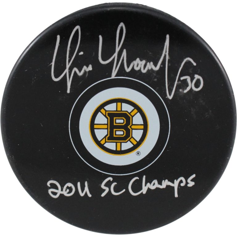 Tim Thomas Autographed Boston Bruins Logo Puck 2011 SC Champs Beckett 53952