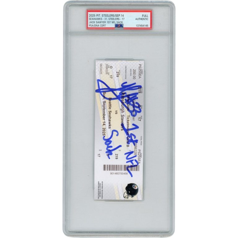 Jack Sawyer Autographed Pittsburgh Steelers 1st NFL Sack Ticket PSA Slab 53150