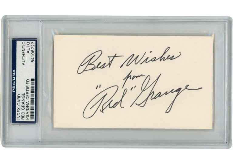 Red Grange Autographed Chicago Bears Index Card Best Wishes Slab PSA 54882