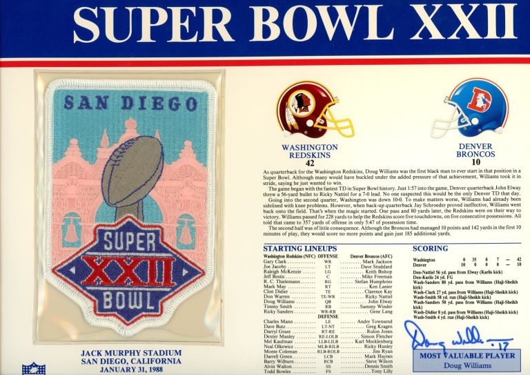 Doug Williams Autographed Washington Redskins SB XXII Patch Card Beckett 54948