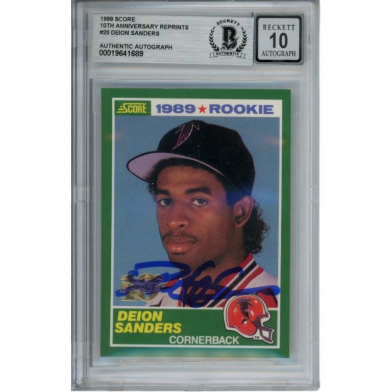 Deion Sanders Signed 1999 Score #246 10 yr anniv Slab Trading Card Beckett 53344