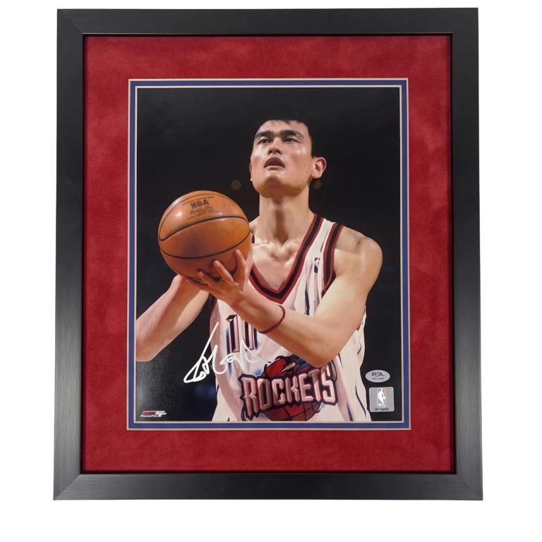 Yao Ming Houston Rockets Signed Basketball 11x14 Custom Framed Photo PSA