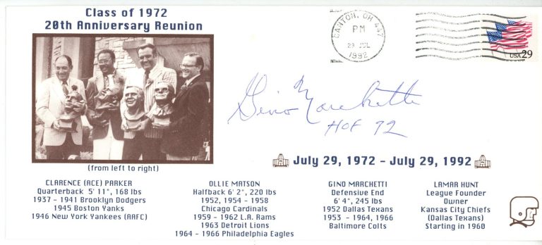 Gino Marchetti Autographed Baltimore Colts Class of 72 Cachet HOF Beckett 56088