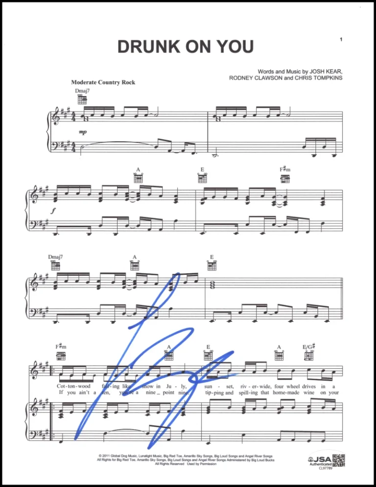 Luke Bryan Signed Autograph Drunk On You Sheet Music Tailgates Tanlines JSA COA