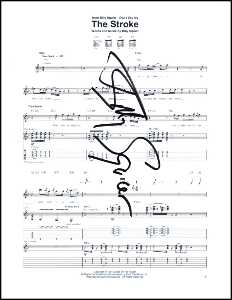 Billy Squier Signed Autograph The Stroke Sheet Music - Don't Say No Rockstar