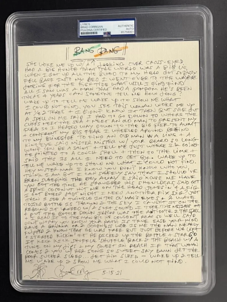 Brad Corrigan Signed Autograph PSA/DNA Dispatch Written Bang Bang Lyrics COA B