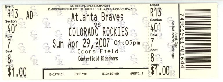Troy Tulowitzki Colorado Rockies Unassisted Triple Play 04/29/07 Ticket 56239