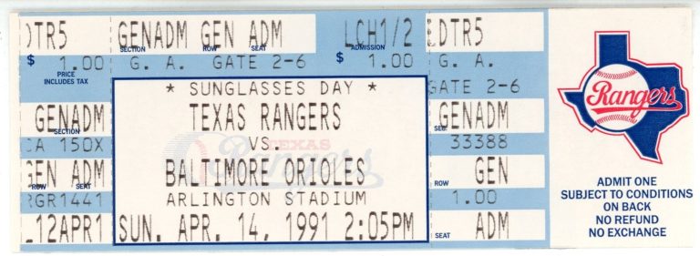 Nolan Ryan Texas Rangers 303rd Win 5000th inning vs. Orioles Ticket 56260