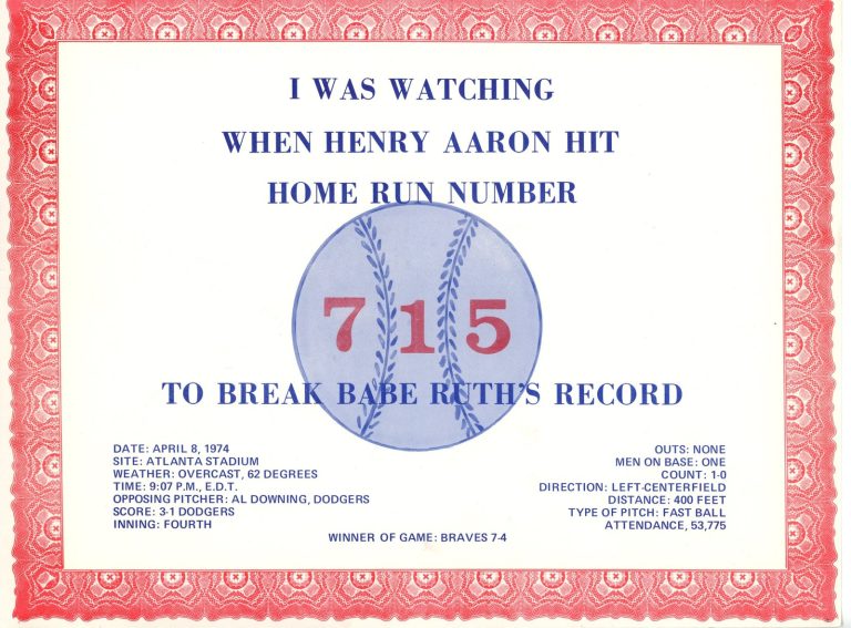 Hank Aaron Atlanta Braves I Was Watching 715 Home Run Card + COA included 56262
