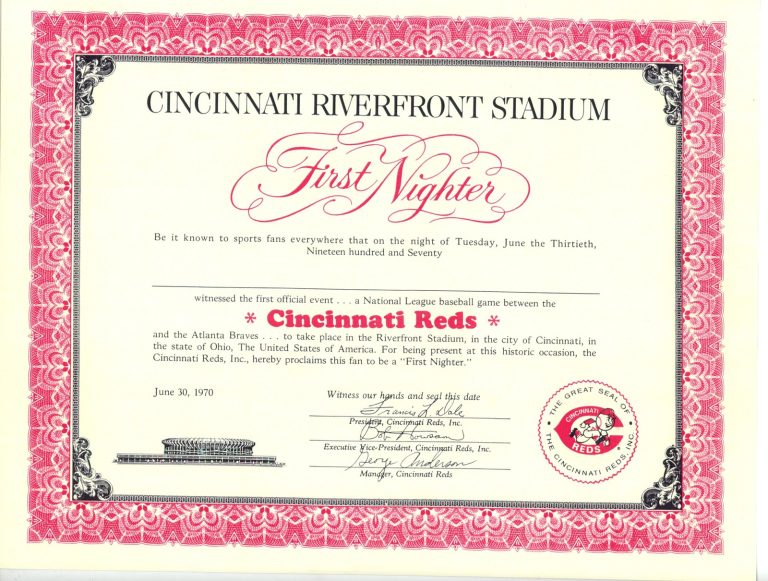 Cincinnati Reds Inaugural 1st Nighter Riverfront 6/30/1970 Certificate 56268