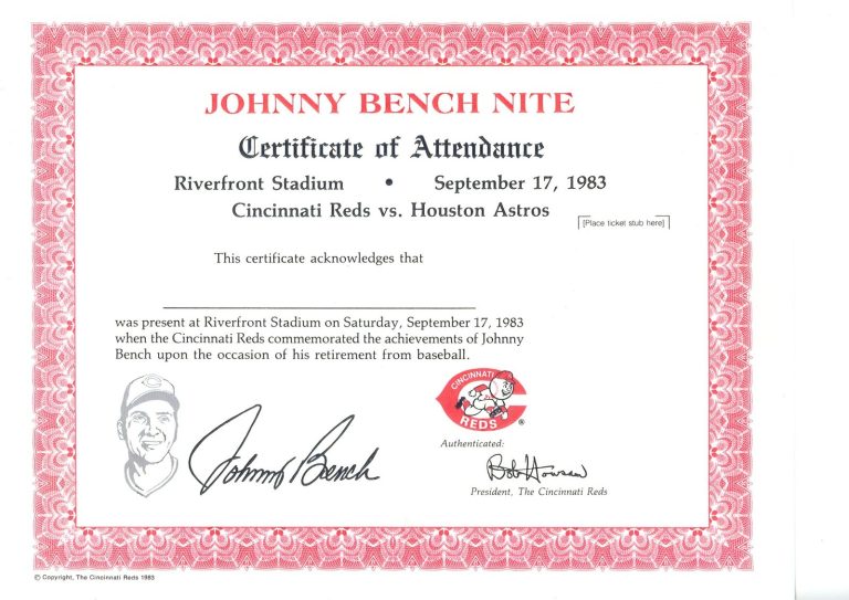 Johnny Bench Night Cincinnati Reds 9/17/1983 Retirement Certificate 56271