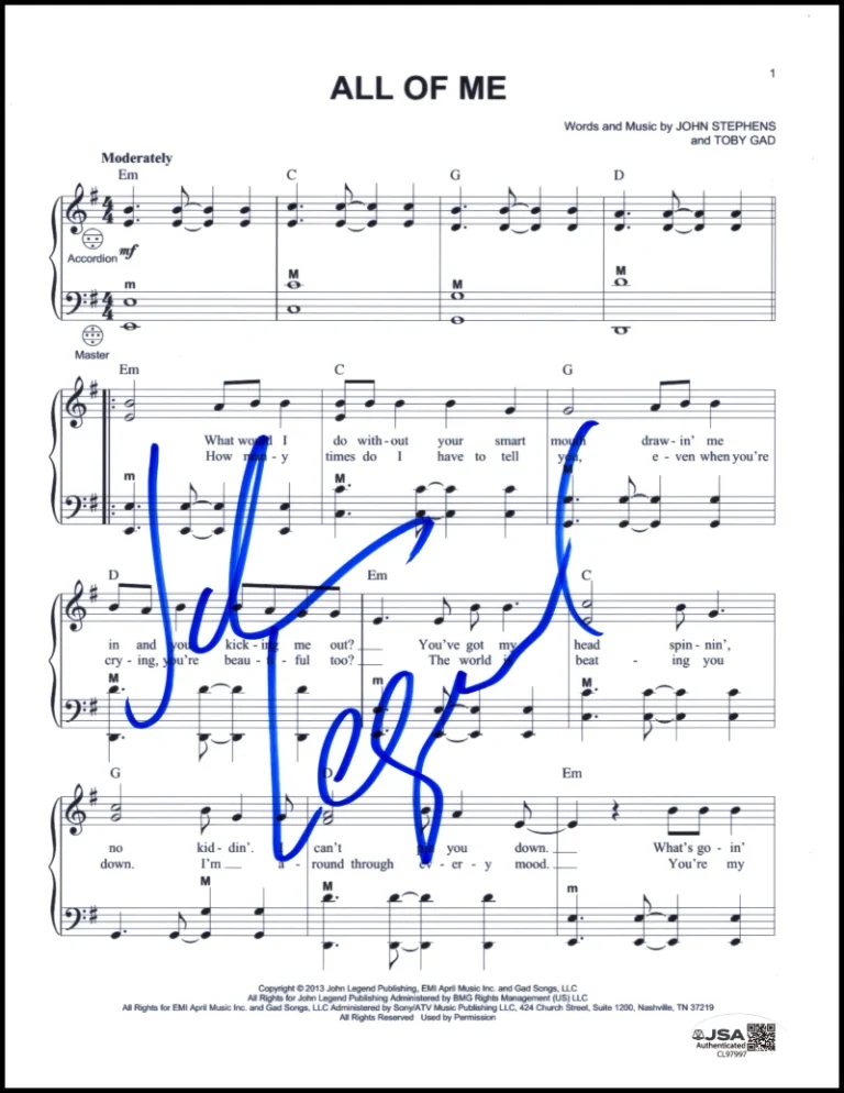 John Legend Signed Autograph All of Me Sheet Music - Get Lifted Stud w/ JSA COA