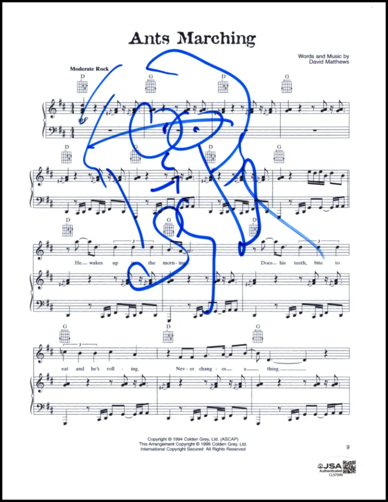 Stefan Lessard Dave Matthews Band Signed Autograph Sheet Music w/ Art Sketch JSA