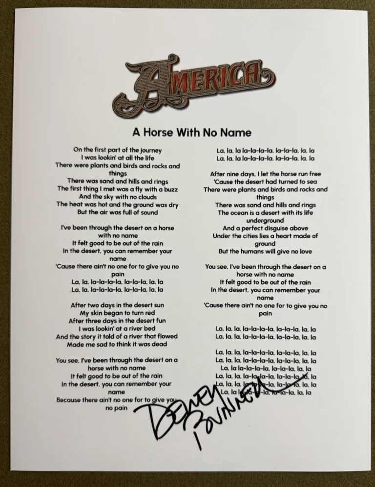 DEWEY BUNNELL SIGNED LYRIC SHEET A HORSE WITH NO NAME AUTHENTIC AUTOGRAPH COA