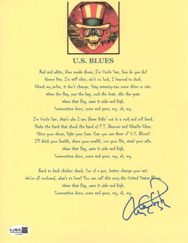 Tom Constanten Grateful Dead Signed Autograph US Blues Lyric Sheet w/ JSA COA