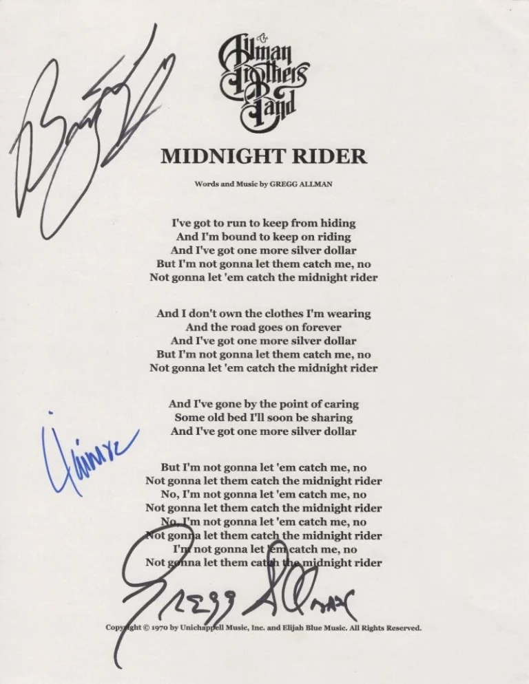 Allman Brothers Band x3 Signed Autograph Midnight Rider Lyric Sheet w/ JSA COA