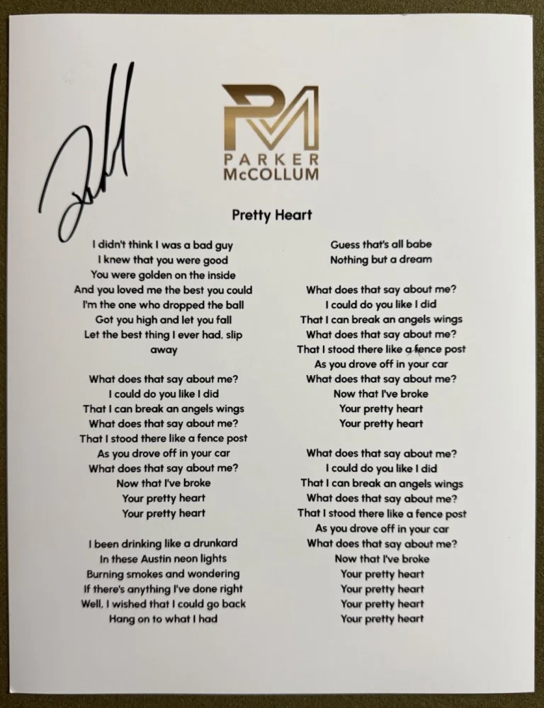 PARKER MCCOLLUM SIGNED LYRIC SHEET PRETTY HEART AUTHENTIC AUTOGRAPH COA