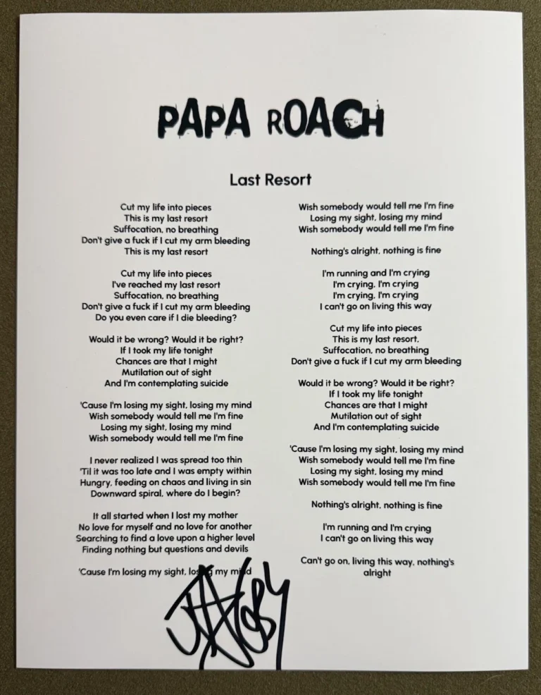JACOBY SHADDIX SIGNED LYRIC SHEET LAST RESORT PAPA ROACH AUTOGRAPH AUTHENTIC COA