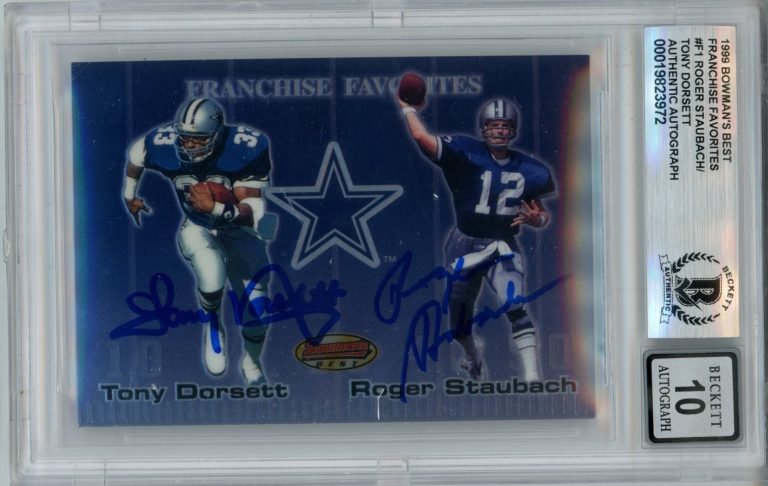 Tony Dorsett Roger Staubach Signed 1999 Topps F1 10 auto Card Slab Beckett 57068