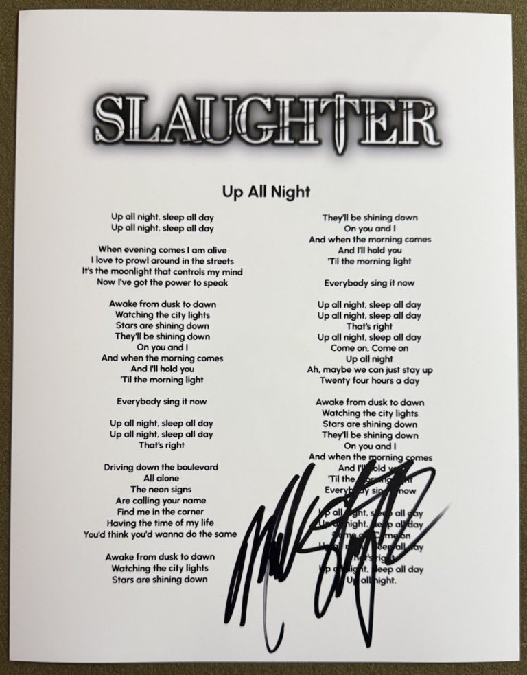 MARK SLAUGHTER SIGNED LYRIC SHEET UP ALL NIGHT SLAUGHTER AUTOGRAPH AUTHENTIC COA