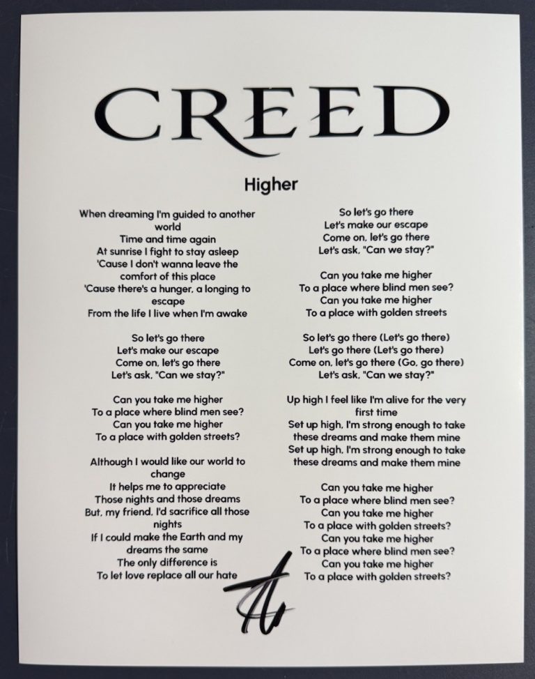 SCOTT STAPP SIGNED LYRIC SHEET CREED LEAD SINGER HIGHER AUTOGRAPH COA
