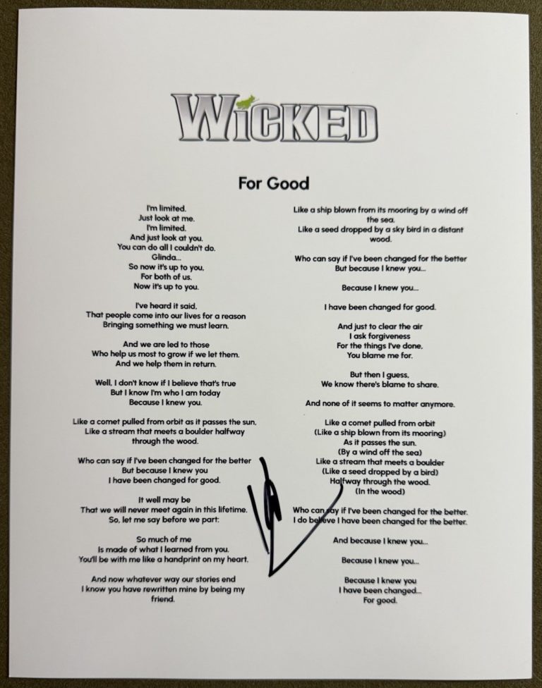 KRISTIN CHENOWETH SIGNED FOR GOOD LYRIC SHEET WICKED AUTOGRAPH AUTHENTIC COA