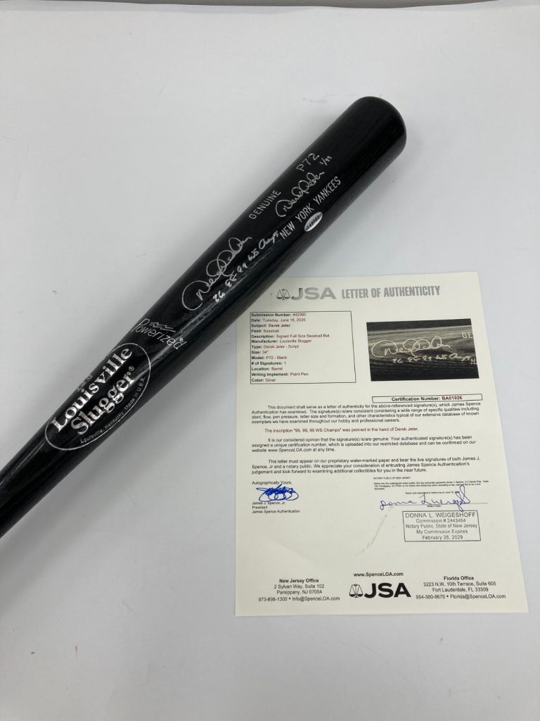 Derek Jeter 1996, 1998, 1999 W.S. Champs Signed Game Model Baseball Bat JSA COA