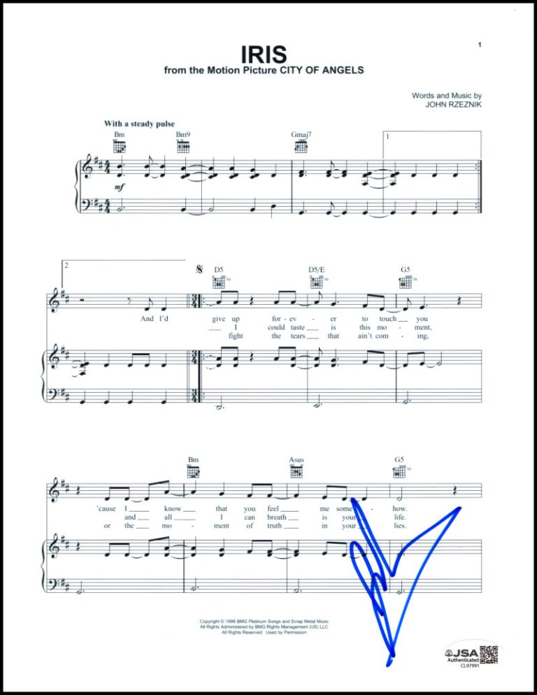 John Rzeznik Goo Goo Dolls Signed Autograph Iris Sheet Music City of Angels JSA
