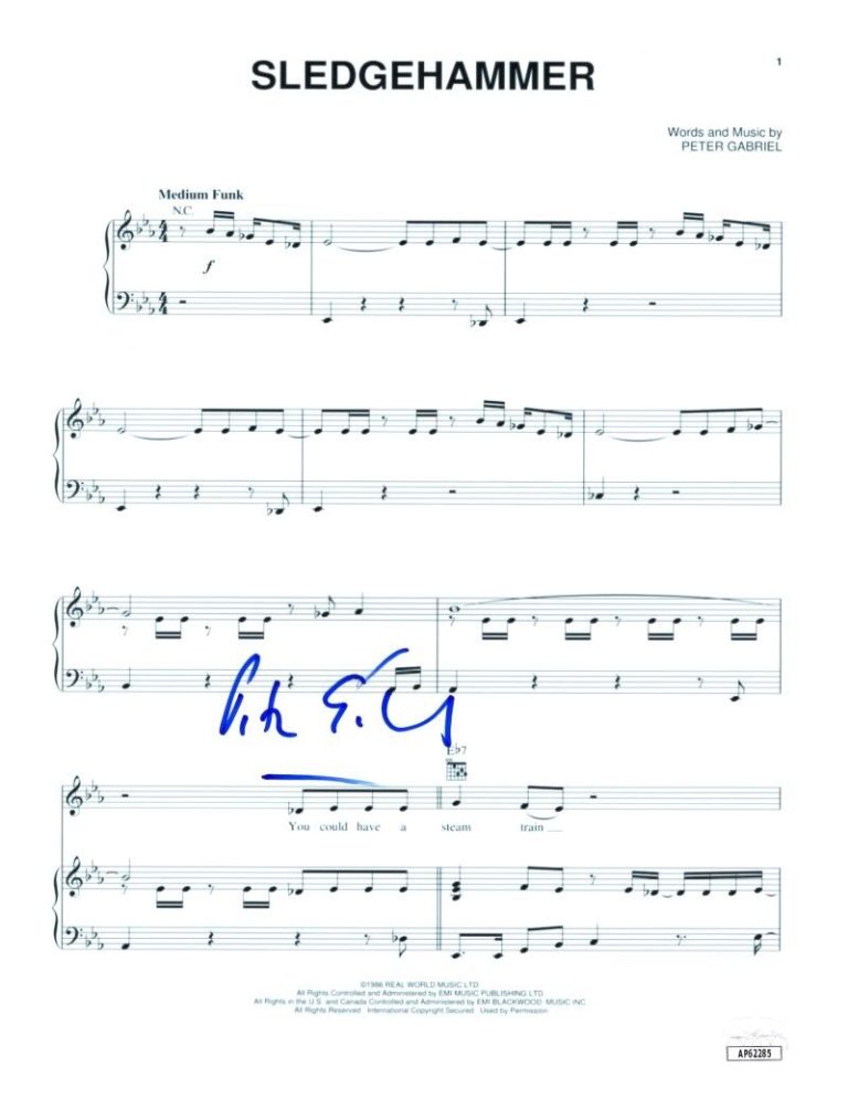 Peter Gabriel Genesis Signed Autograph Sledgehammer Sheet Music w/ JSA COA