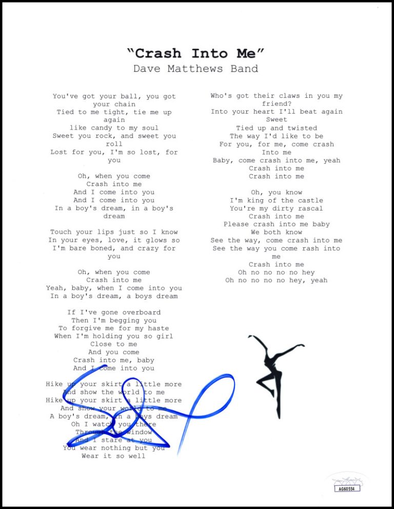 Stefan Lessard Signed Autograph Dave Matthews Band Crash Into Me Lyric Sheet JSA