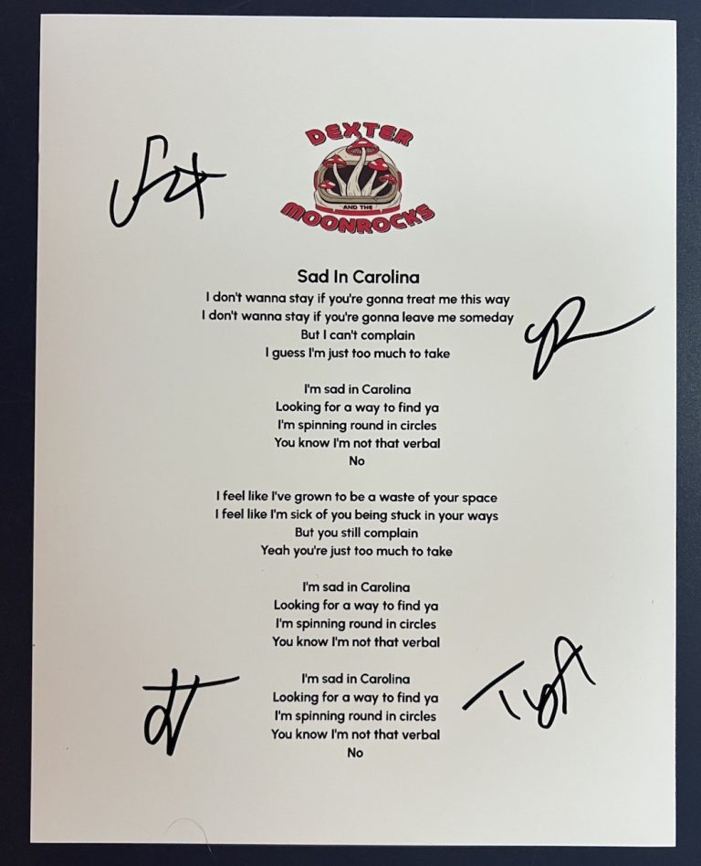 DEXTER AND THE MOONROCKS FULL BAND SIGNED LYRIC SHEET AUTOGRAPH AUTHENTIC COA